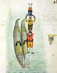 Tres hombres equilibrándose en dos góndolas, 1772